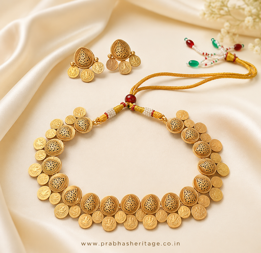 Kanaka Kasu Lakshmi Choker with matching earrings – traditional South Indian temple jewellery on ivory satin