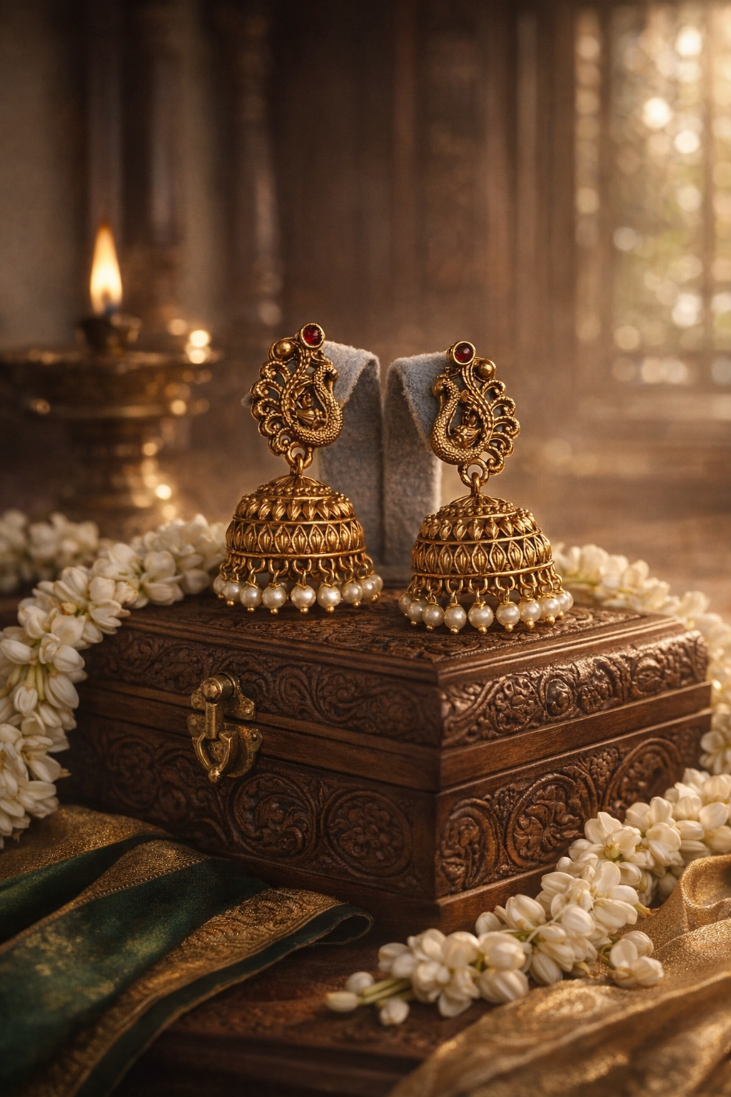 Traditional Peacock Temple Jhimikki - Antique Finish
