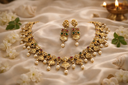 Emerald Ruby Toned Temple Necklace Set