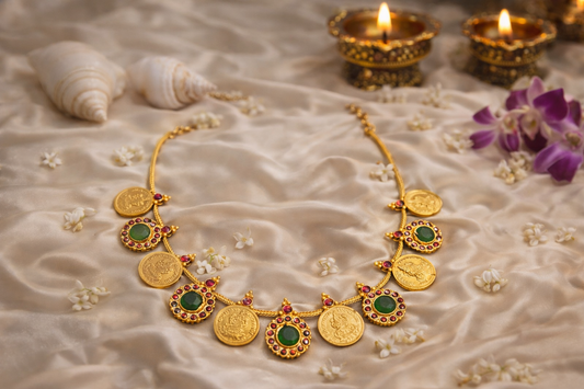 Lakshmi Coin with Ruby and Emerald toned Pendants