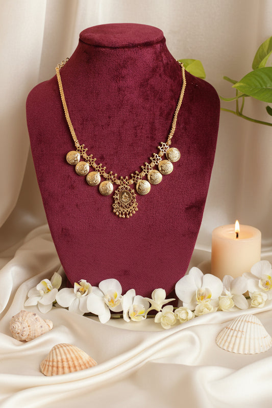 Lakshmi Coin Pendant Mala with Red Beads