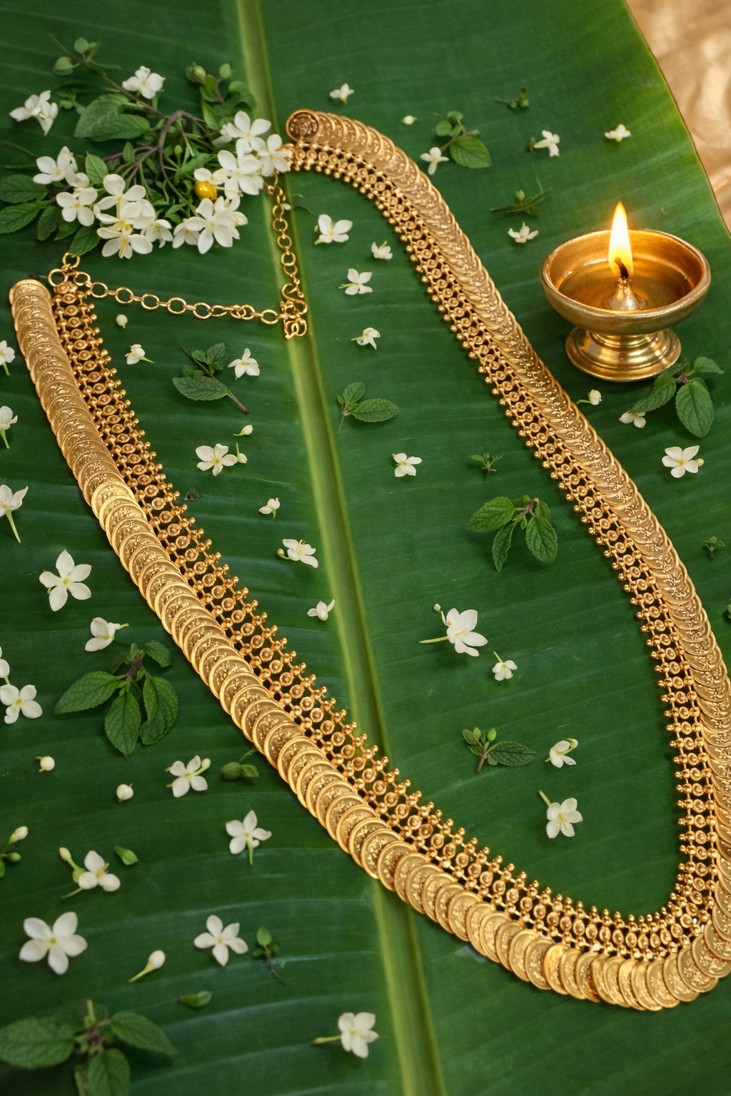 Lakshmi Haram Adukku Kasu Mala laid on a banana leaf with jasmine flowers and a brass diya