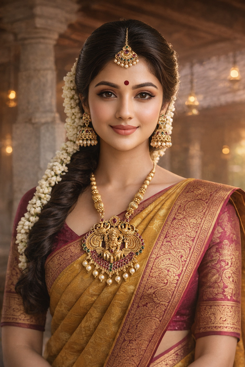 Lakshmi temple necklace set worn with matching Jhimikki in antique gold finish