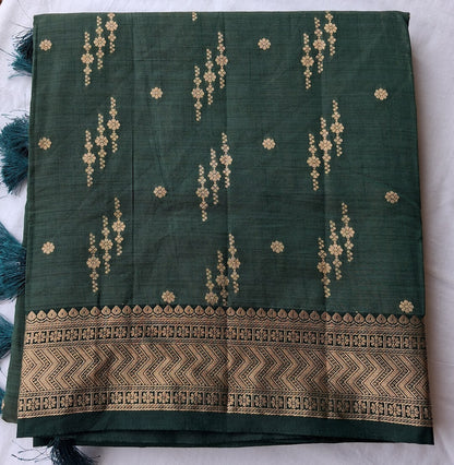 Vanashree Varnam deep forest green semi-tussar saree with antique gold zari buttas