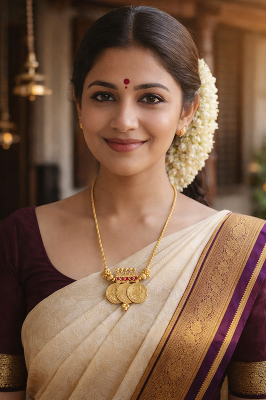 Three Coin Lakshmi Pendant Mala – traditional South Indian temple jewellery with three Lakshmi coin pendants and ruby-tone accents styled with an ivory saree and maroon blouse