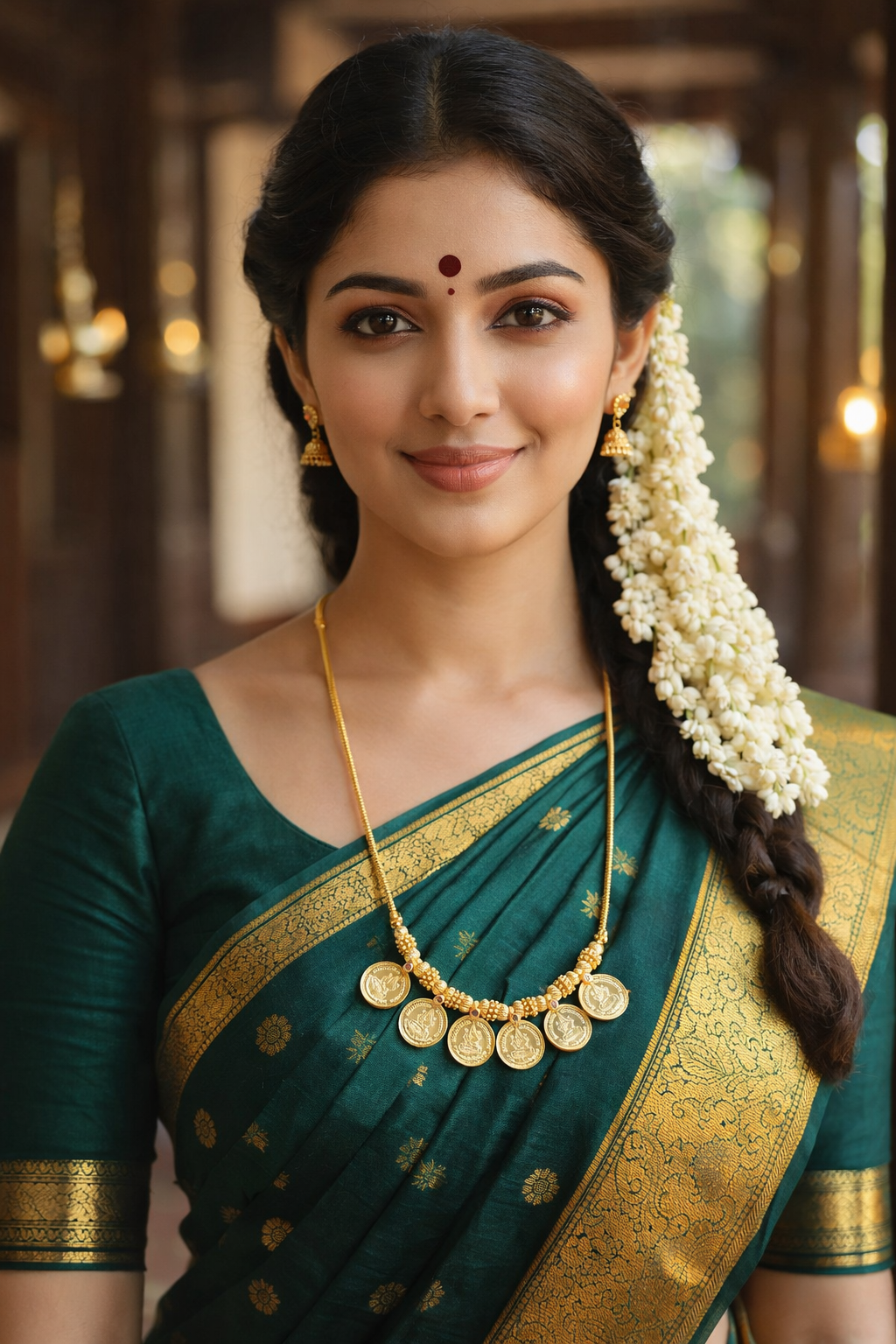 Five Big Coin Lakshmi Pendant Mala – traditional South Indian temple jewellery with five Lakshmi coin pendants, styled with a green Kanchipuram saree