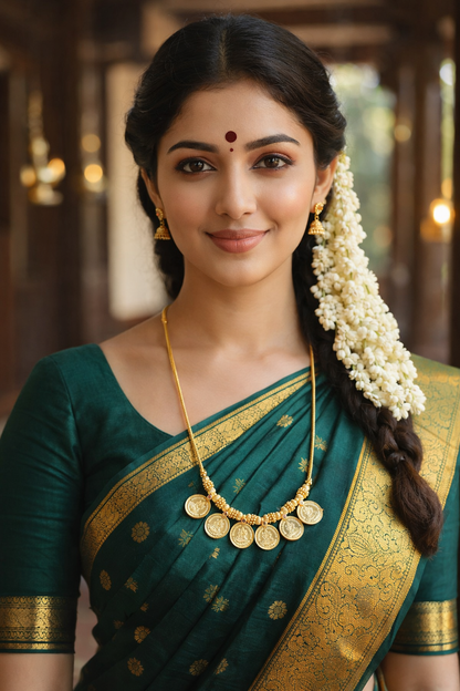 Five Big Coin Lakshmi Pendant Mala – traditional South Indian temple jewellery with five Lakshmi coin pendants, styled with a green Kanchipuram saree
