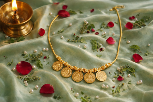 Five Big Coin Lakshmi Pendant Mala – traditional South Indian temple jewellery with five Lakshmi coin pendants, styled on green satin with a brass lamp and rose petals