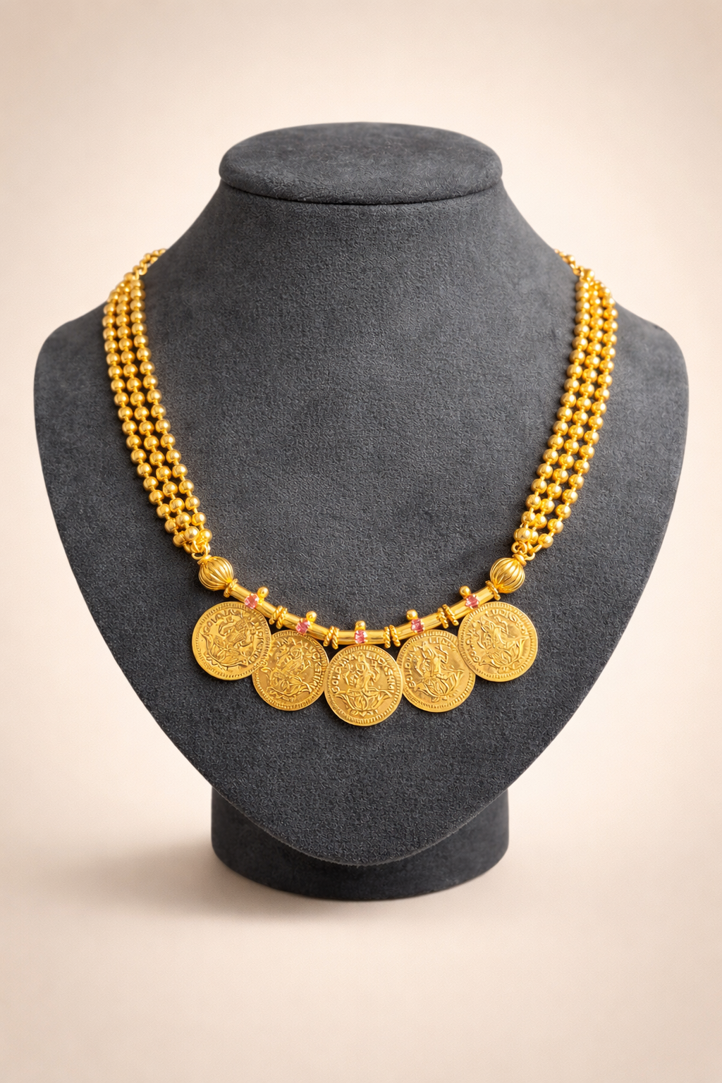Five Lakshmi Coin Kasumala Necklace – traditional South Indian temple jewellery shown at its shorter adjustrable length displayed on a mannequin