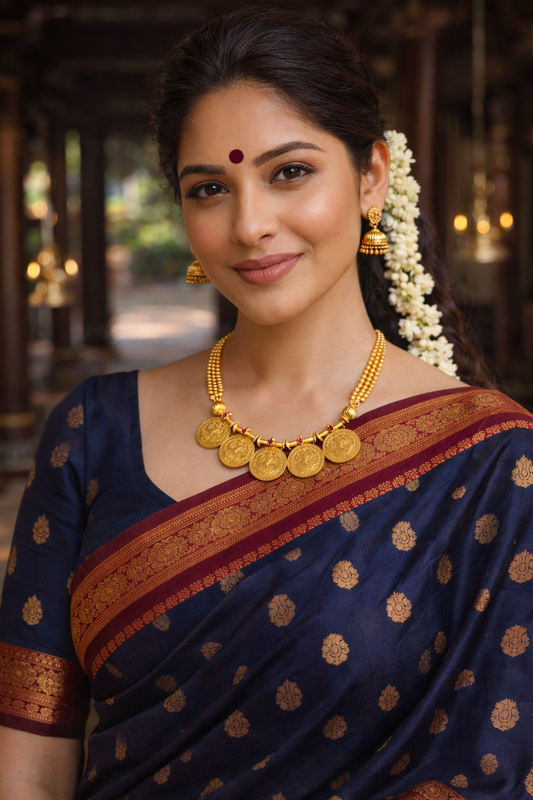 Gold-toned Lakshmi coin necklace with a structured connector bar and ruby-toned accents