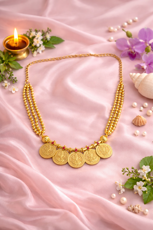 Five Lakshmi Coin Kasumala Necklace – traditional South Indian temple jewellery with Lakshmi coin pendants and multi-strand gold-tone bead chain on pink satin