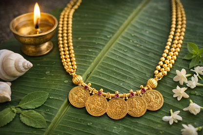 Mid-length Five Lakshmi Coin Kasumala Necklace – traditional South Indian temple jewellery with Lakshmi coin pendants and multi-strand gold-tone bead chain styled on a banana leaf