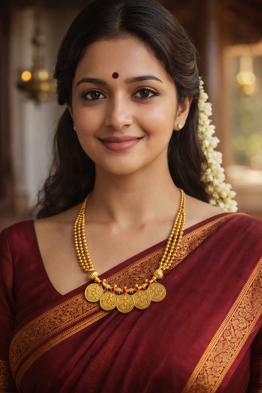 Mid-length Five Lakshmi Coin Kasumala Necklace – traditional South Indian temple jewellery with Lakshmi coin pendants and ruby-tone accents styled with a maroon saree.