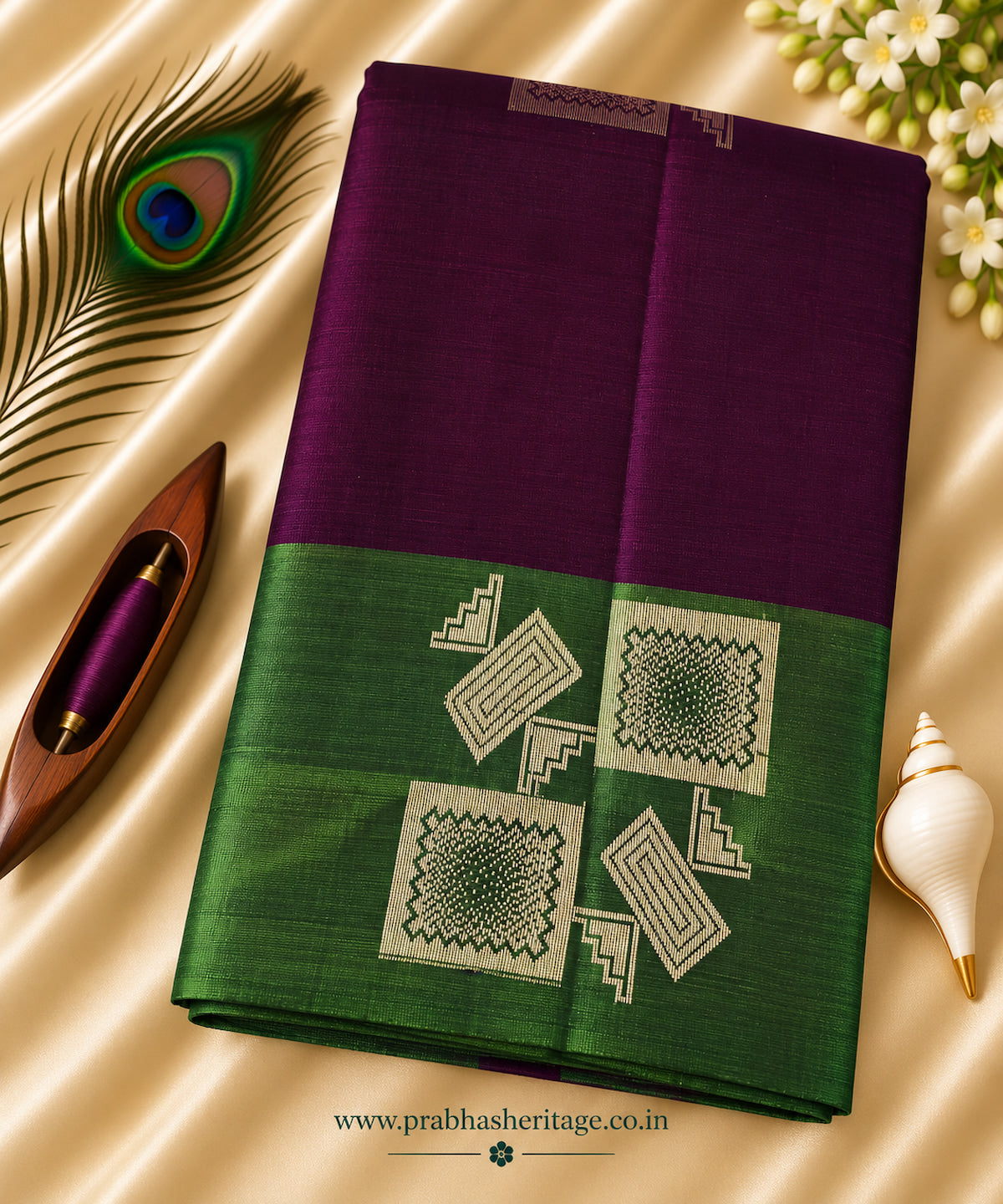 Magenta-purple premium semi soft silk saree with leaf-green border, portrait