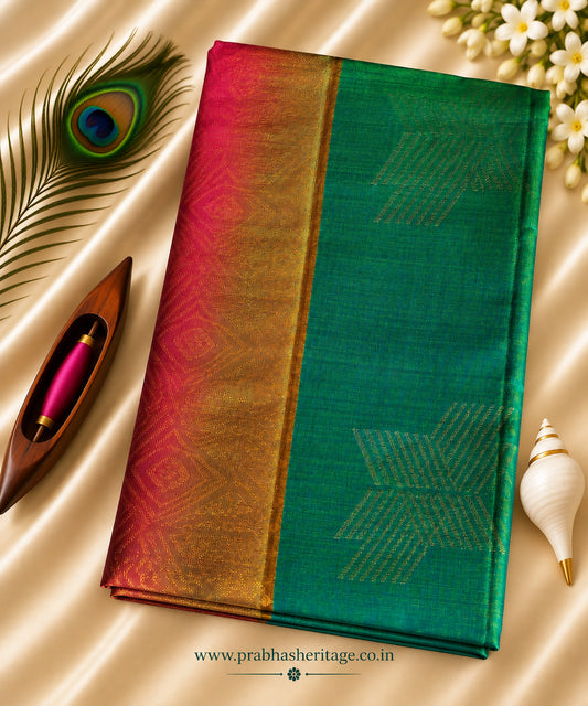 Peacock aqua-turquoise handloom Pure Mix Kanchipuram silk saree, borderless, portrait