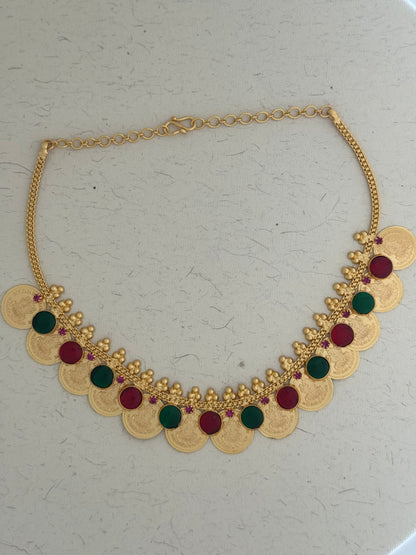 Lakshmi Coin with Red - Emerald toned Pendant Necklace