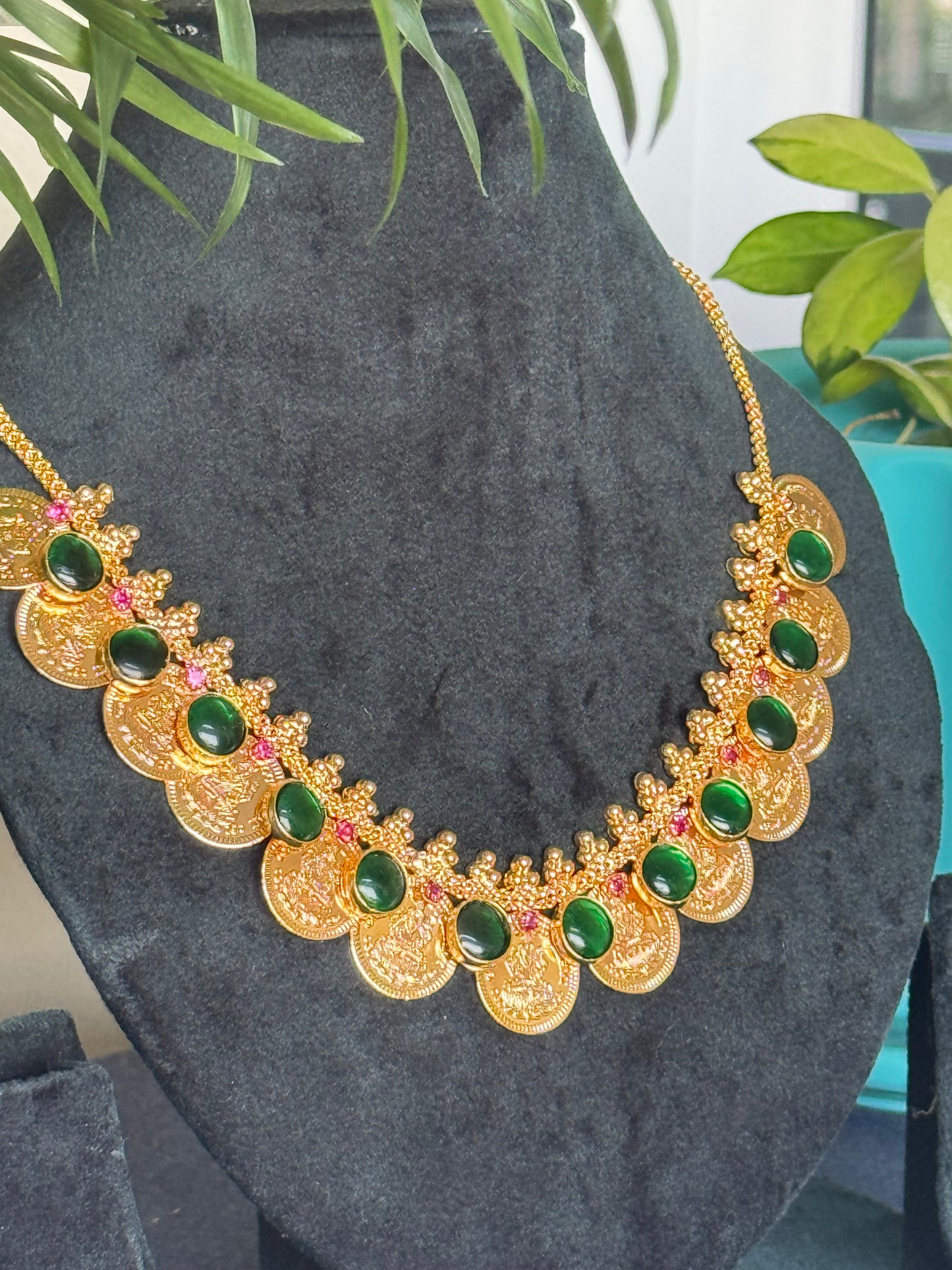 Lakshmi Coin and Emerald toned Pendant Necklace