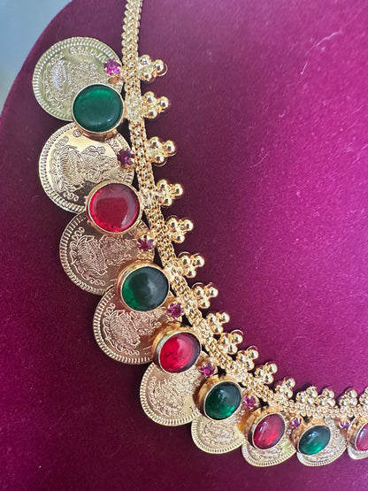 Lakshmi Coin with Red - Emerald toned Pendant Necklace