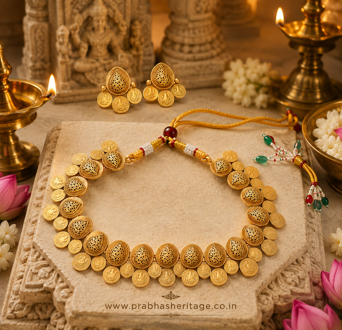 Kanaka Kasu Lakshmi choker and earrings in a heritage-styled setting with a stone temple backdrop