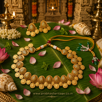 Kanaka Kasu Lakshmi Choker with matching earrings – traditional South Indian temple jewellery styled on a banana leaf