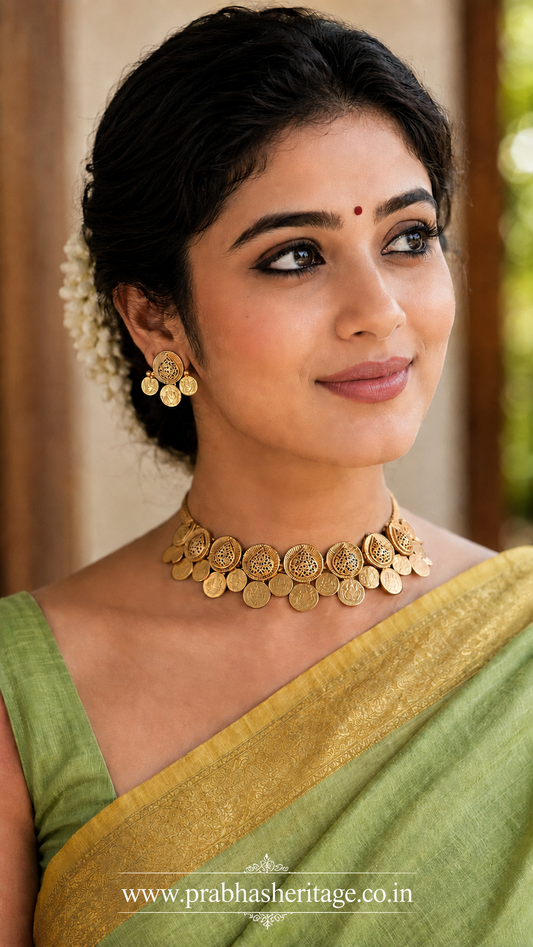 Kanaka Kasu Lakshmi Choker with matching earrings – traditional South Indian temple jewellery styled with a green saree.