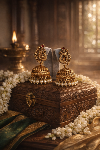 Traditional Peacock Temple Jhimikki - Antique Finish