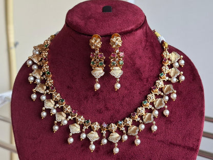 Emerald Ruby Toned Temple Necklace Set