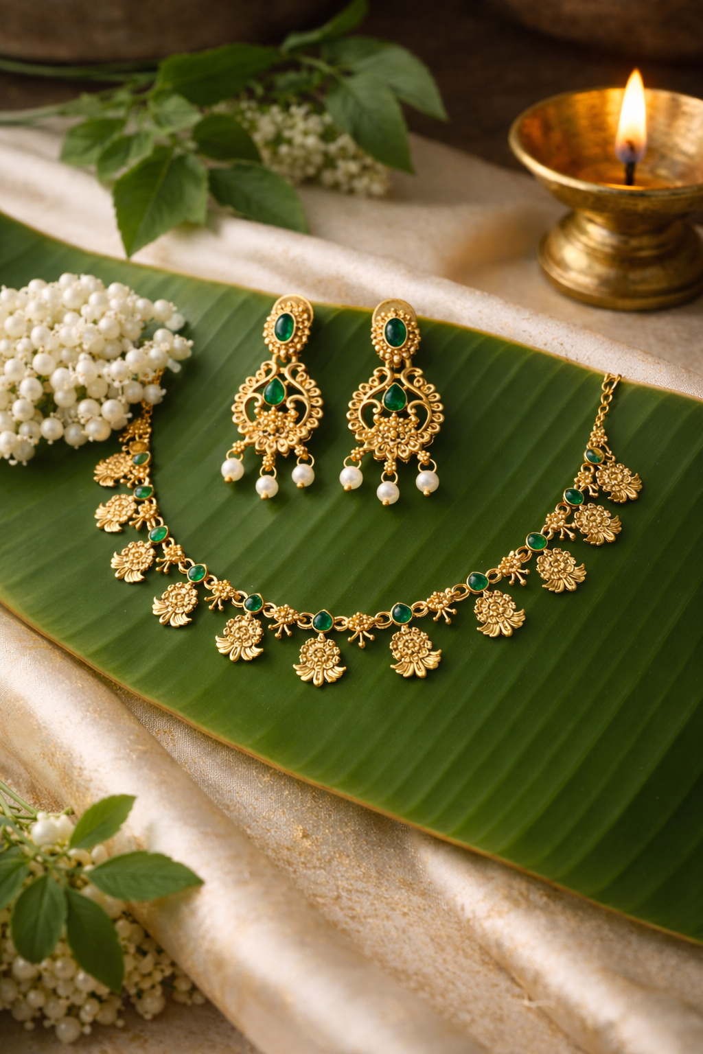 Emerald Tone Temple Necklace Set