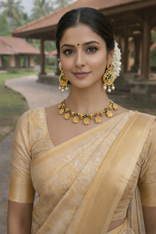 Ruby Emerald Tone Temple Necklace Set