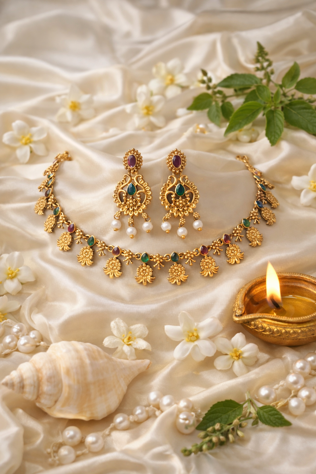 Ruby Emerald Tone Temple Necklace Set