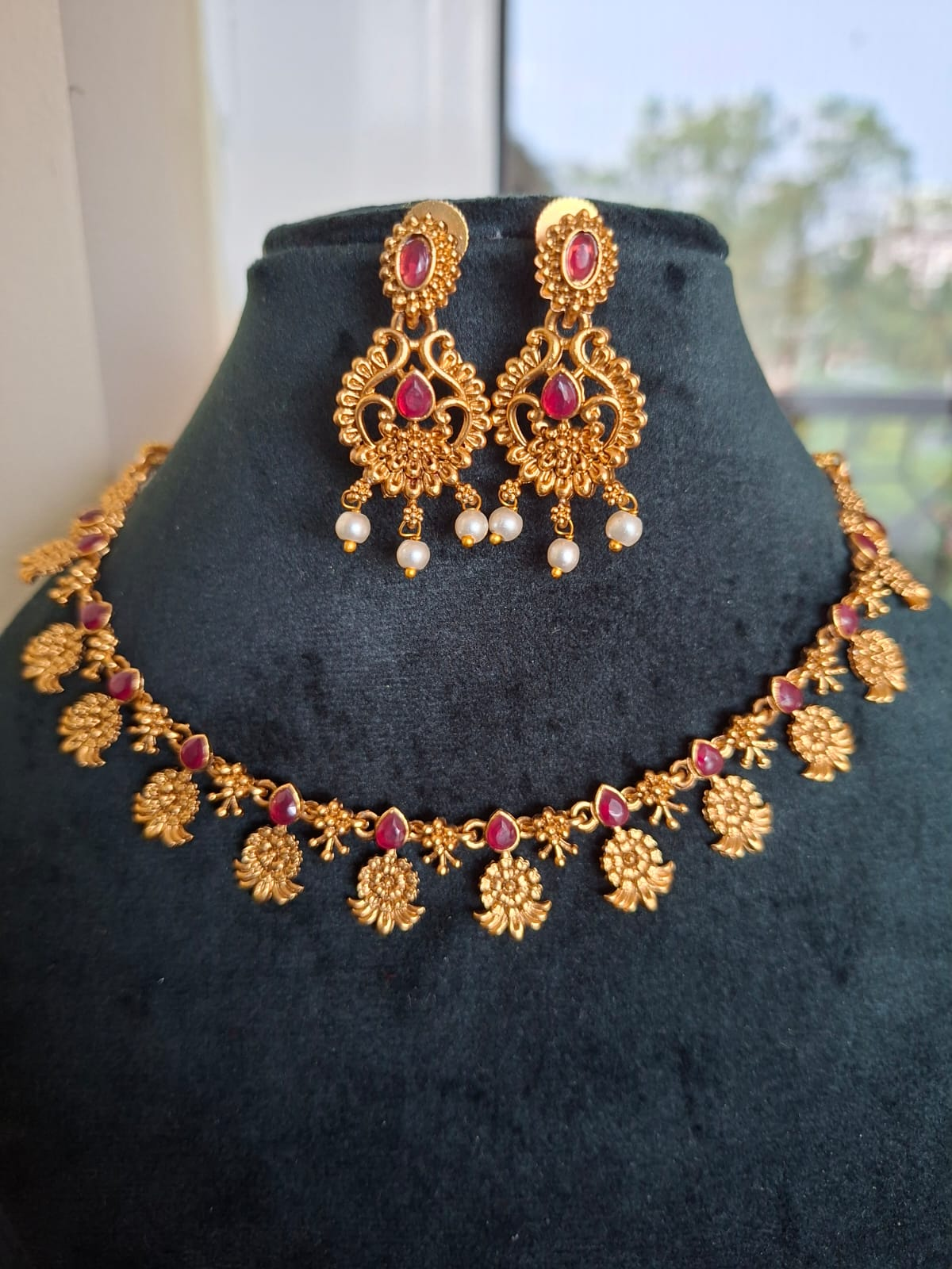 Ruby Tone Temple Necklace Set