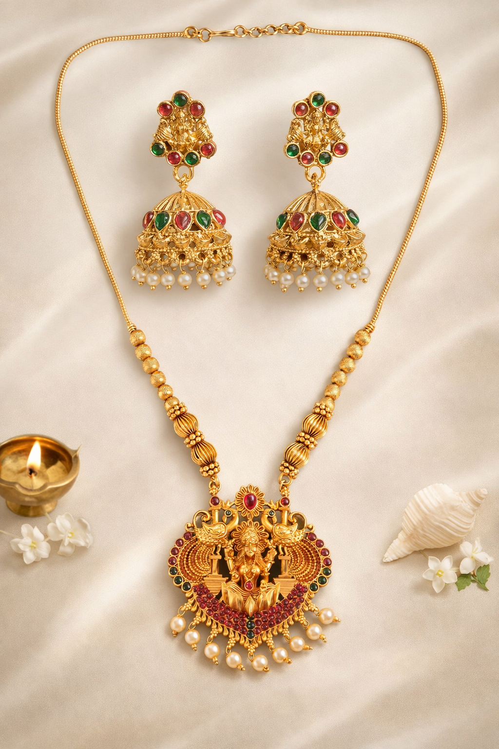Temple Lakshmi Pendant Necklace Set