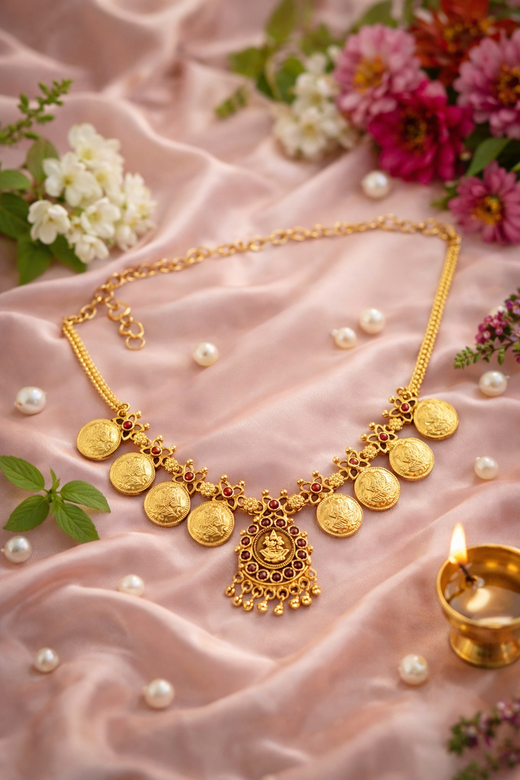 Lakshmi Coin Pendant Mala with Red Beads