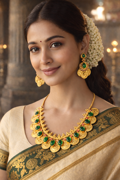 Lakshmi Coin and Emerald toned Pendant Necklace