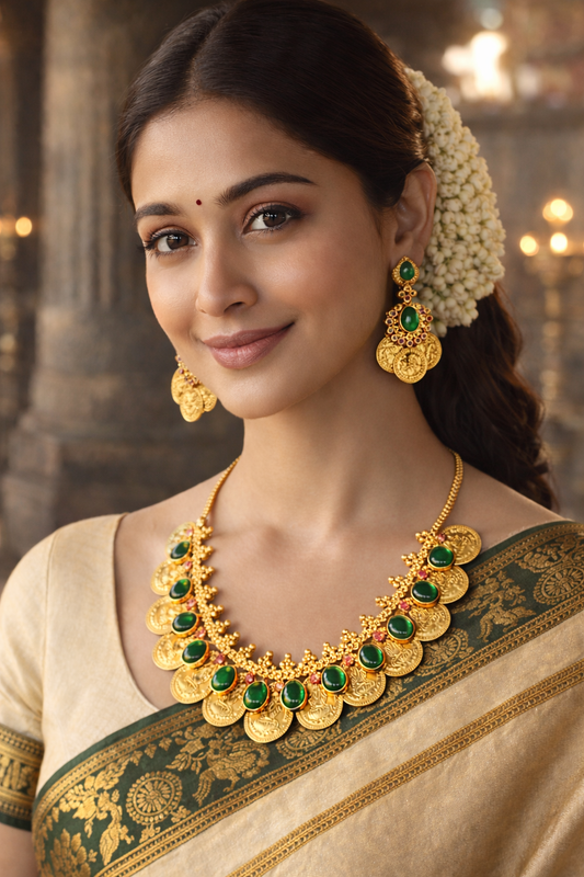 Lakshmi Coin and Emerald toned Pendant Necklace