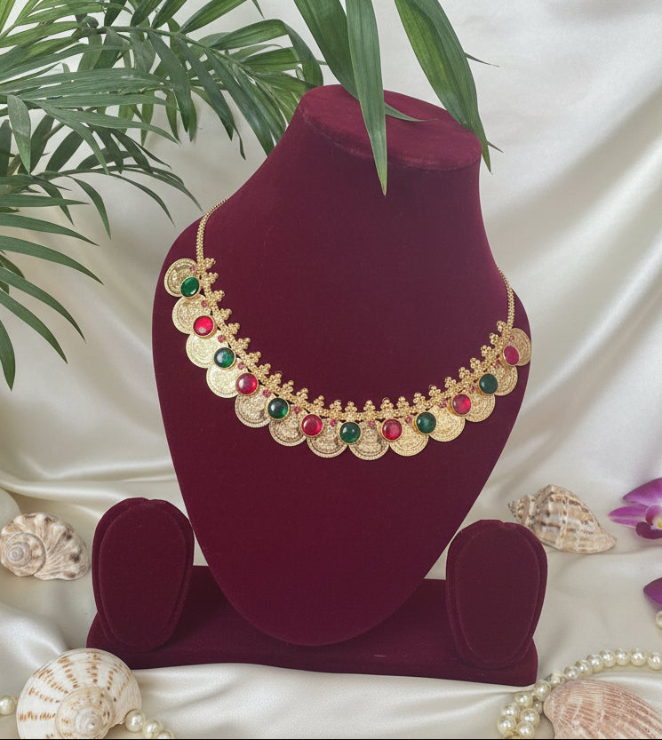 Lakshmi Coin with Red - Emerald toned Pendant Necklace