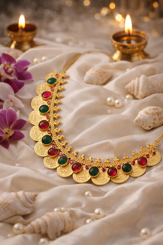 Lakshmi Coin with Red - Emerald toned Pendant Necklace