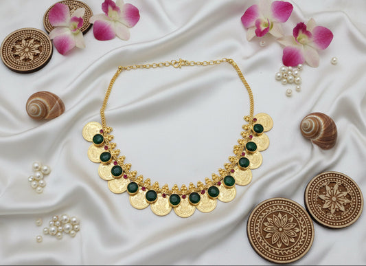 Lakshmi Coin and Emerald toned Pendant Necklace