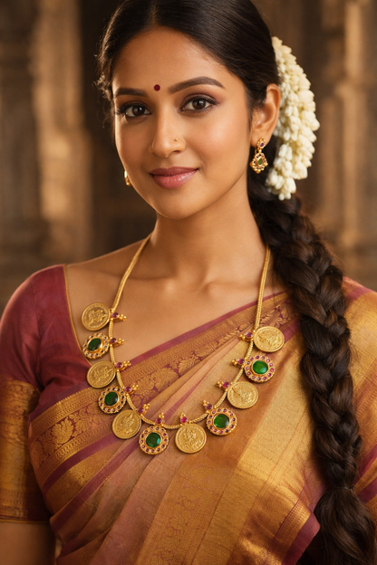 Lakshmi Coin with Ruby and Emerald toned Pendants