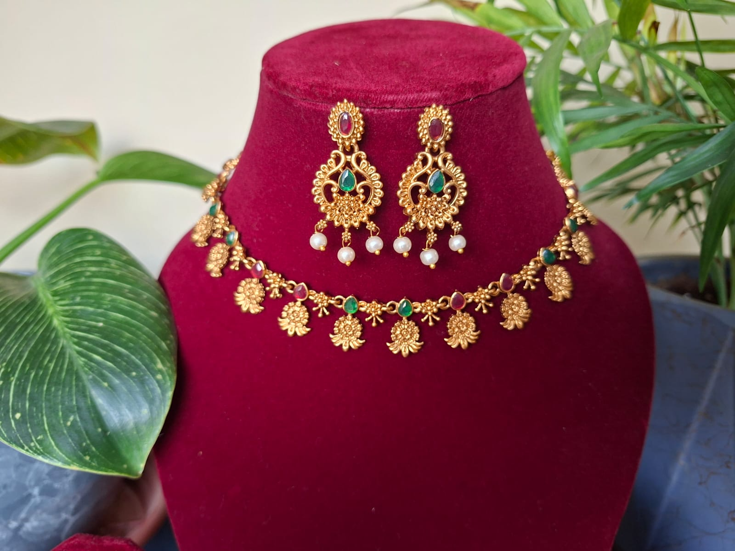 Ruby Emerald Tone Temple Necklace Set