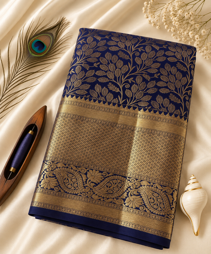 Deep navy-blue handloom Kanchipuram pure silk bridal saree with gold zari botanical vines