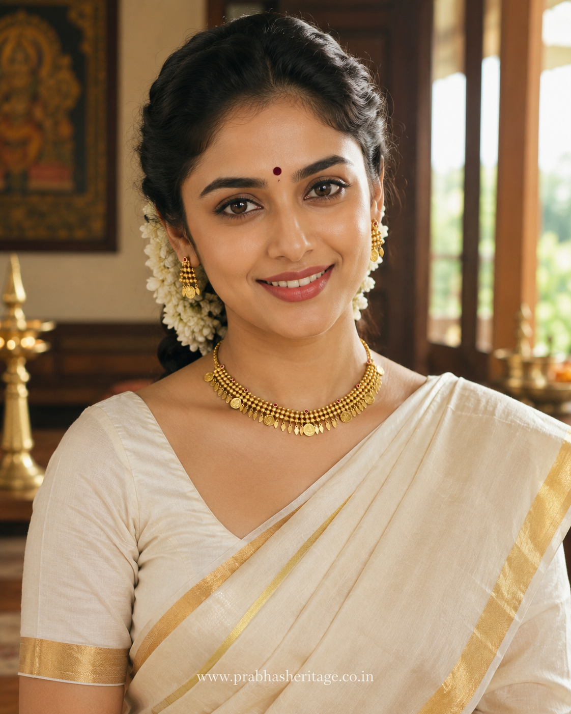 Swarna Kasu Ilakkathali choker worn, showing the gold-toned beads and Lakshmi kasu motifs