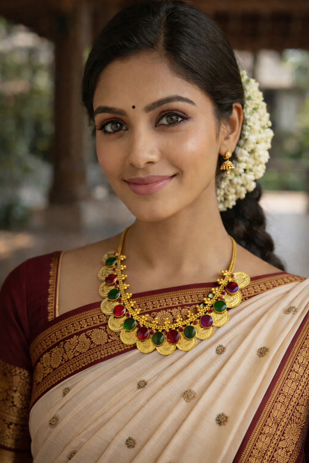 Lakshmi Coin with Red - Emerald toned Pendant Necklace