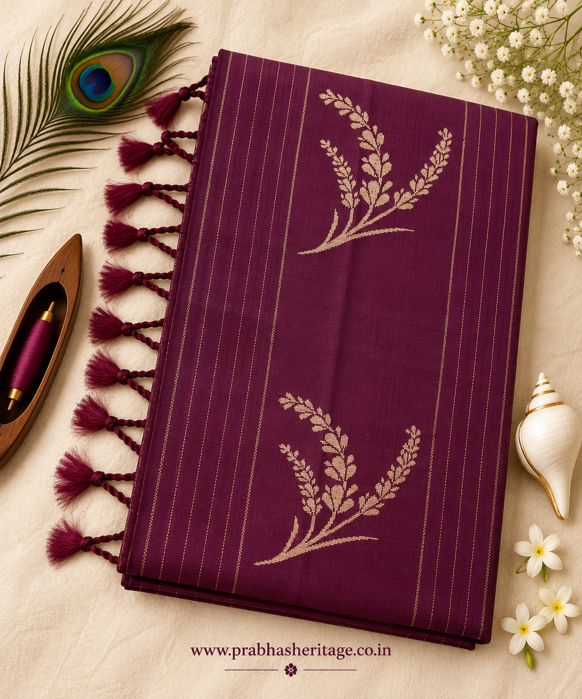 Deep plum wine-purple handloom pure soft silk saree, portrait
