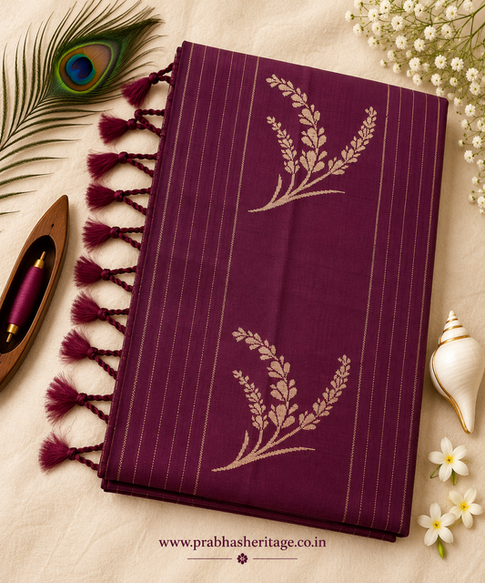 Deep plum wine-purple handloom pure soft silk saree, portrait