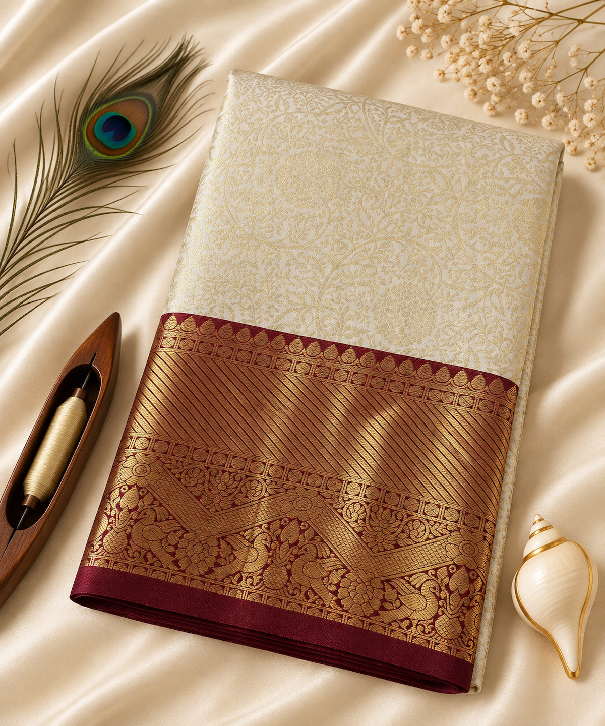 Ivory and wine handloom Kanchipuram pure silk saree with a Korvai border