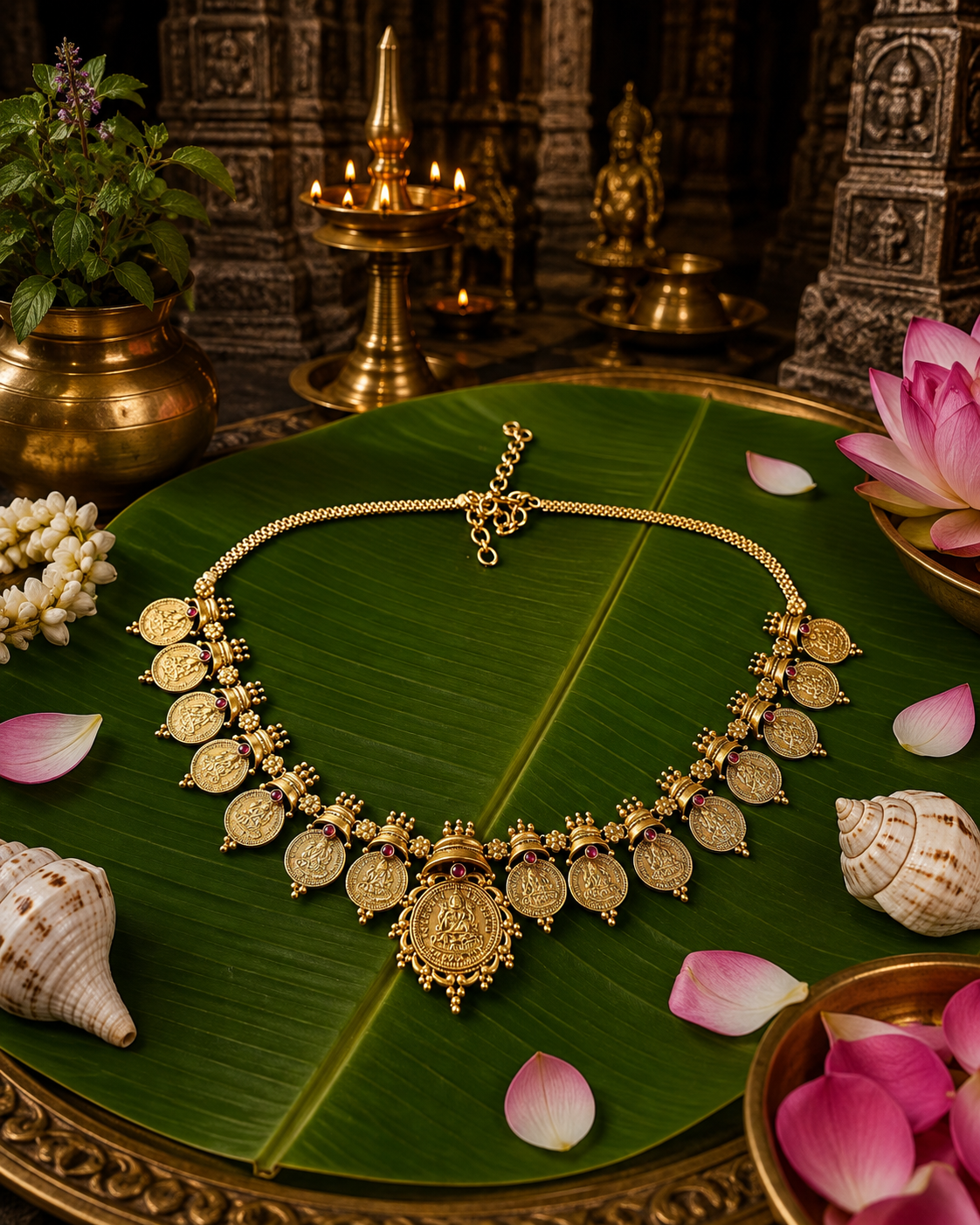 Antique Kasumala with ruby-toned stones in a temple-inspired setting