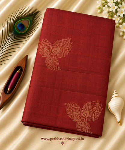 Maroon-red handloom pure soft silk saree with floral bud motifs, portrait