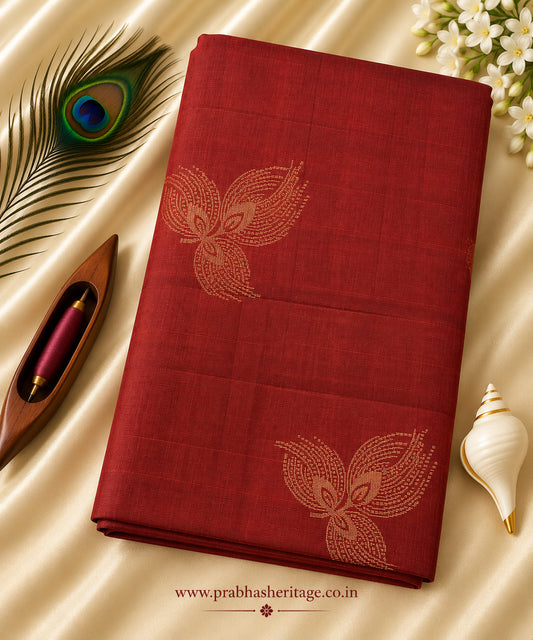 Maroon-red handloom pure soft silk saree with floral bud motifs, portrait