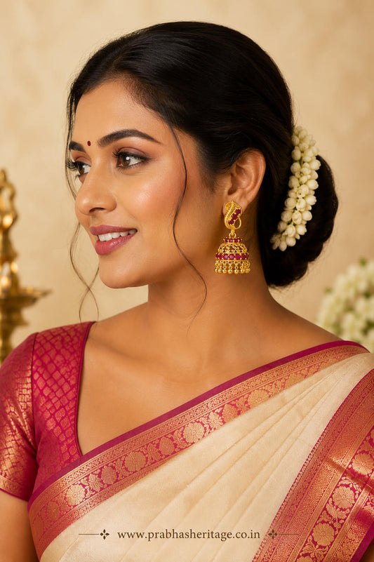 Aruna Varnam Jhimikki, a micro gold-plated dome earring with ruby-toned stones, Pavizham by Prabha's Heritage